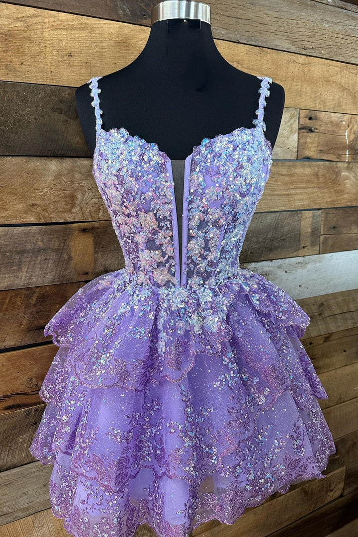 Tulle Sequin Lace-Up Tiered Short Gown