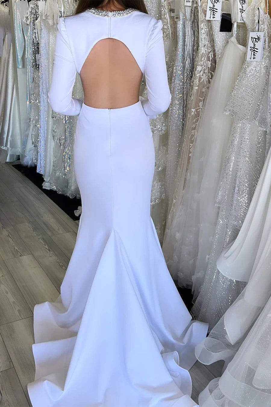 Plunge V Cutout Mermaid Long Formal Gown with Long Sleeves
