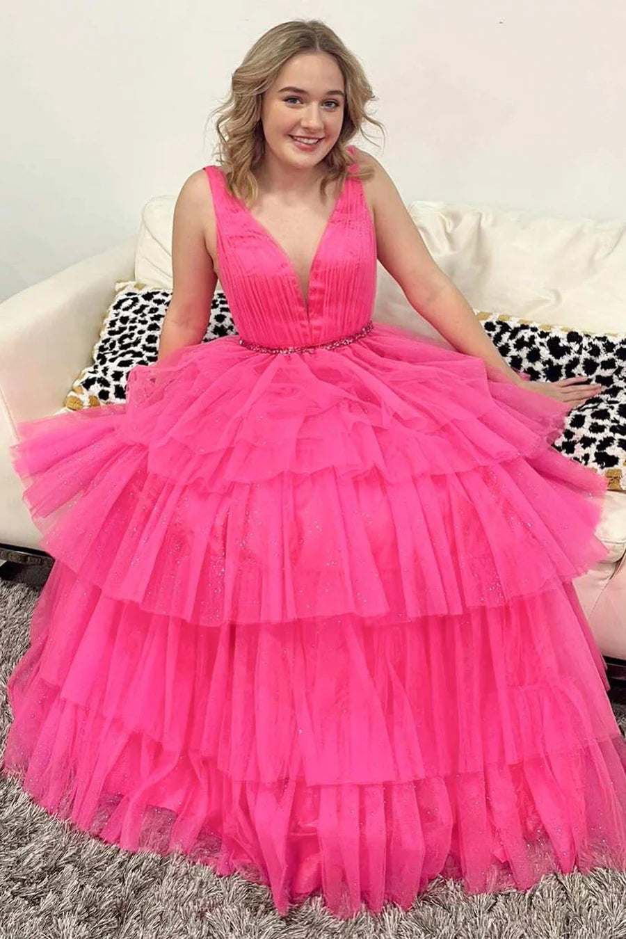 V-Neck Backless Belted Tiered A-Line Prom Dress