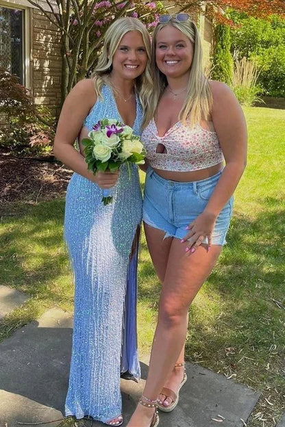 Sequin Fringe Halter Long Prom Dress with Slit