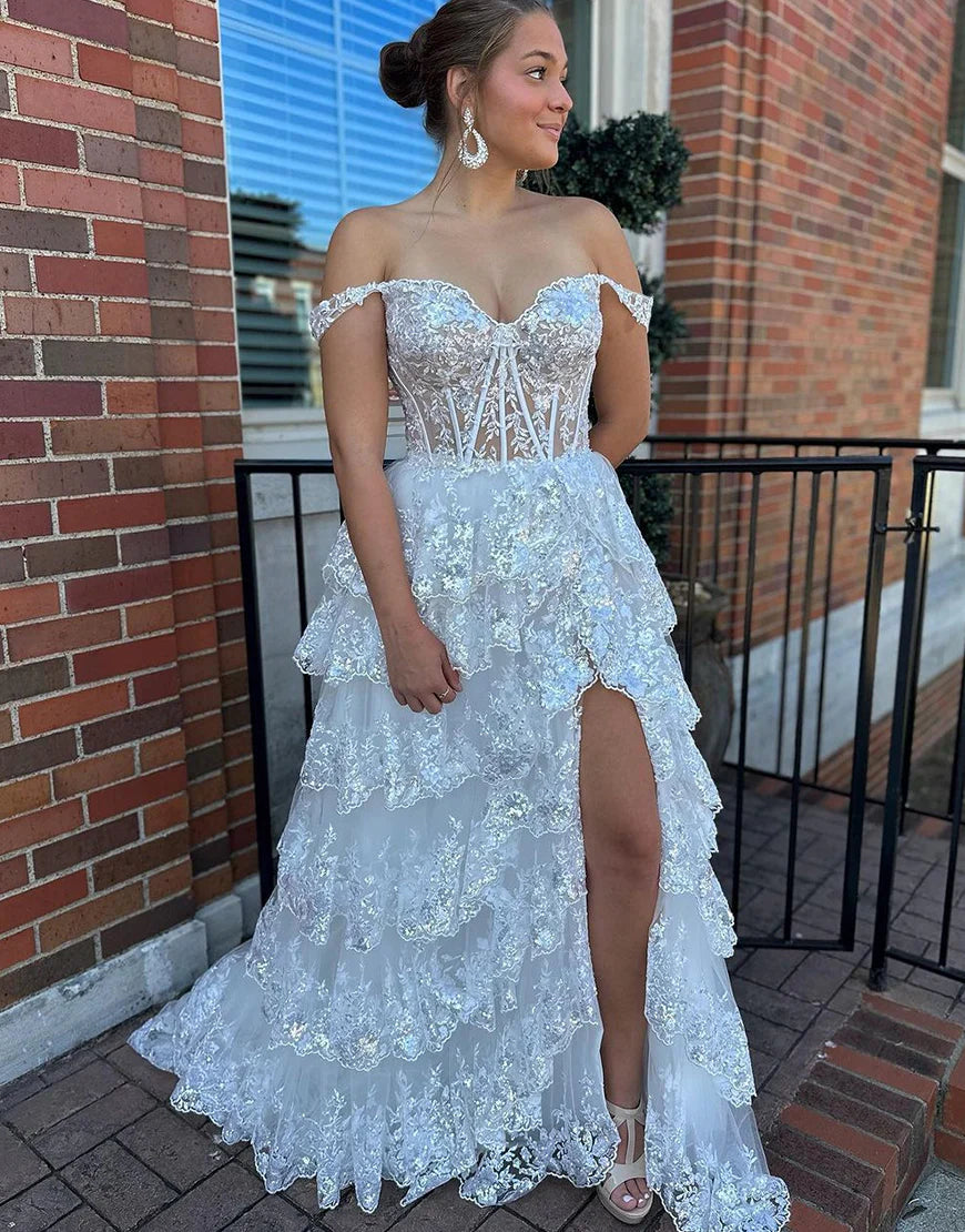 A-Line V Neck Tiered Long Prom Dress With Slit