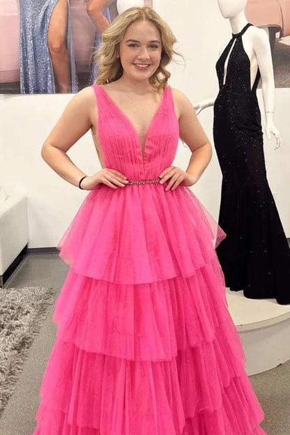 V-Neck Backless Belted Tiered A-Line Prom Dress