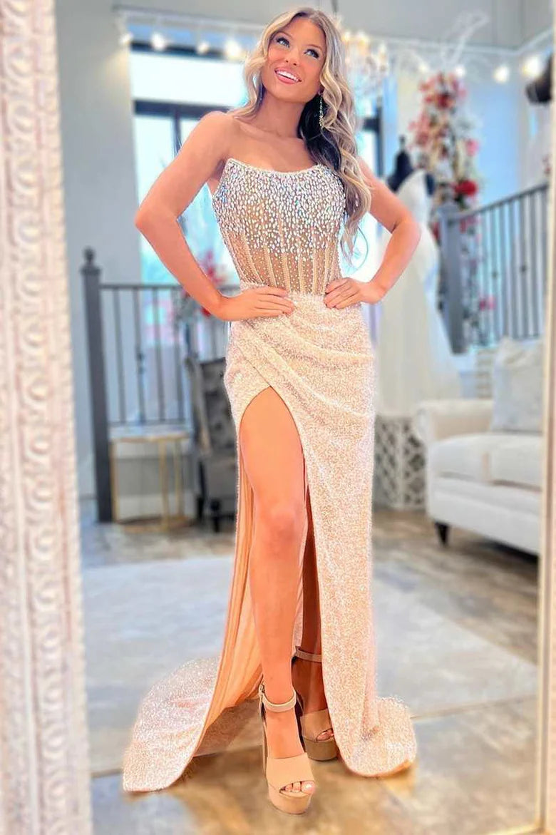 Beaded Strapless Mermaid Long Prom Dress with Slit