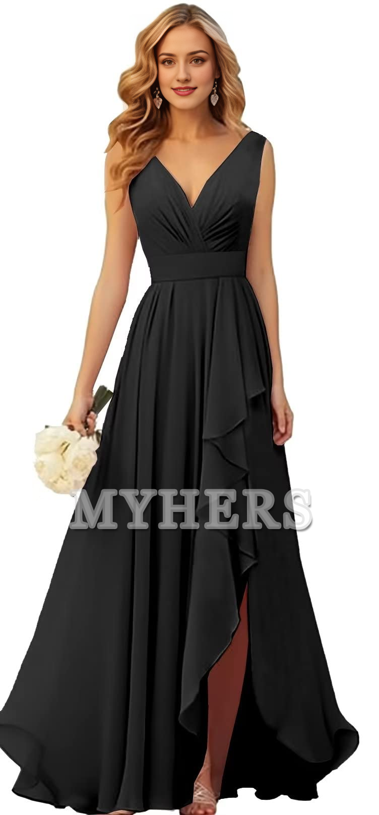 Elegant V Neck Chiffon Ruched Side Fork Long Bridesmaid Dresses Wedding Guests Dresses