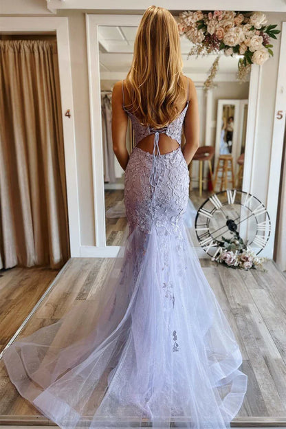 Floral Lace Lace-Up Back Trumpet Long Prom Dress