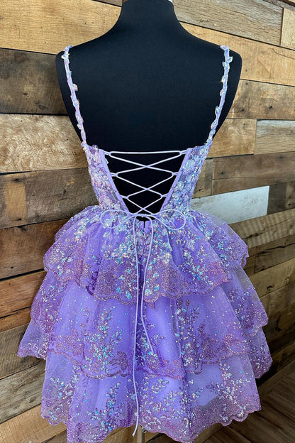 Tulle Sequin Lace-Up Tiered Short Gown