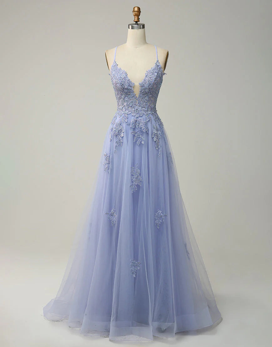 A-Line Tulle Appliques Long Prom Dress With Slit