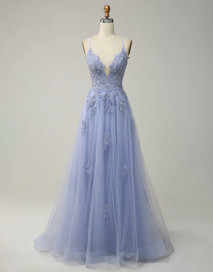 A-Line Tulle Appliques Long Prom Dress With Slit