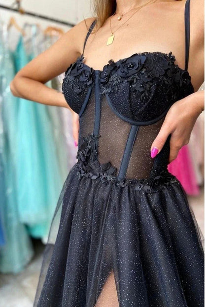 Floral Lace Straps A-Line Prom Dress with Slit