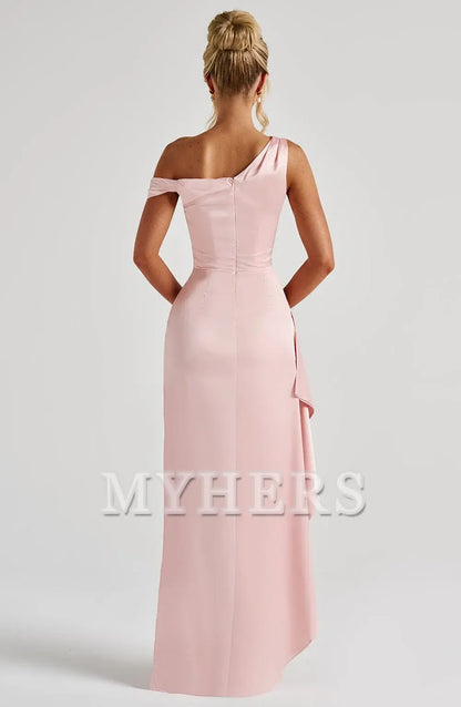 Asymmetric straps Ruched Thigh High Slit Charming Dresses Bridesmaid Dresses Wedding Guests Dresses
