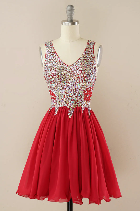 Sleek Glitter Sparking Red Beading Chiffon  Homecoming Dress