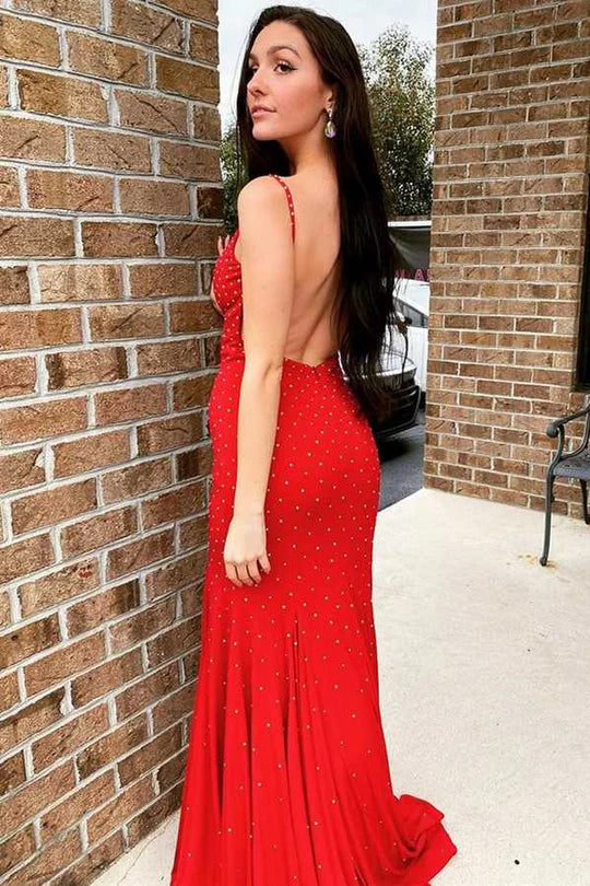 Bead Straps Backless Mermaid Long Formal Dress