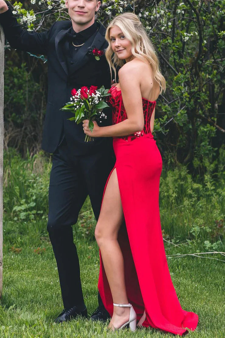 Charming Mermaid Sweetheart Red Off-the-Shoulder Sequins Long Prom Dresses with Side Slit