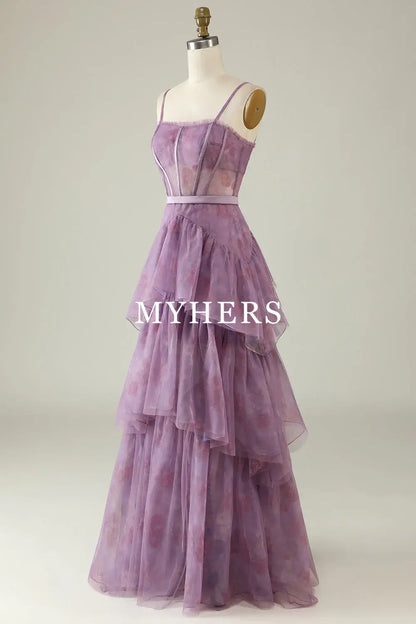 Formal Wear Dresses A Line Spaghetti Straps Tiered Printed Corset Long Exquisite Adoration Prom Dress