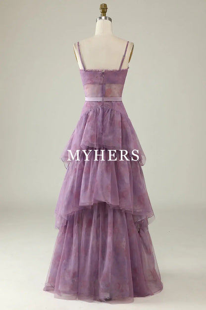 Formal Wear Dresses A Line Spaghetti Straps Tiered Printed Corset Long Exquisite Adoration Prom Dress