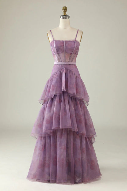 Formal Wear Dresses A Line Spaghetti Straps Tiered Printed Corset Long Exquisite Adoration Prom Dress