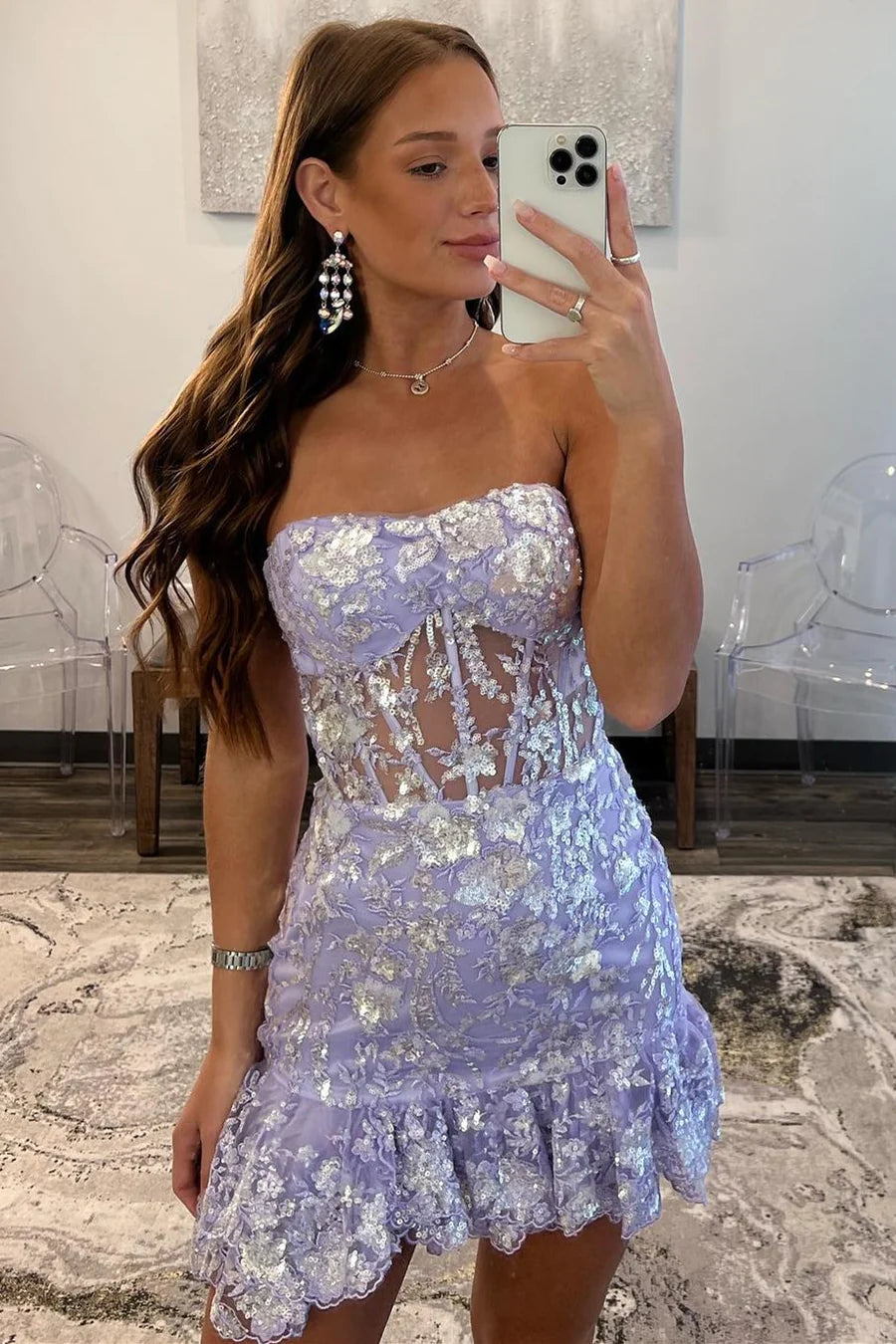 Sequin Lace Strapless Sheer Bodice Short Gown with Ruffles