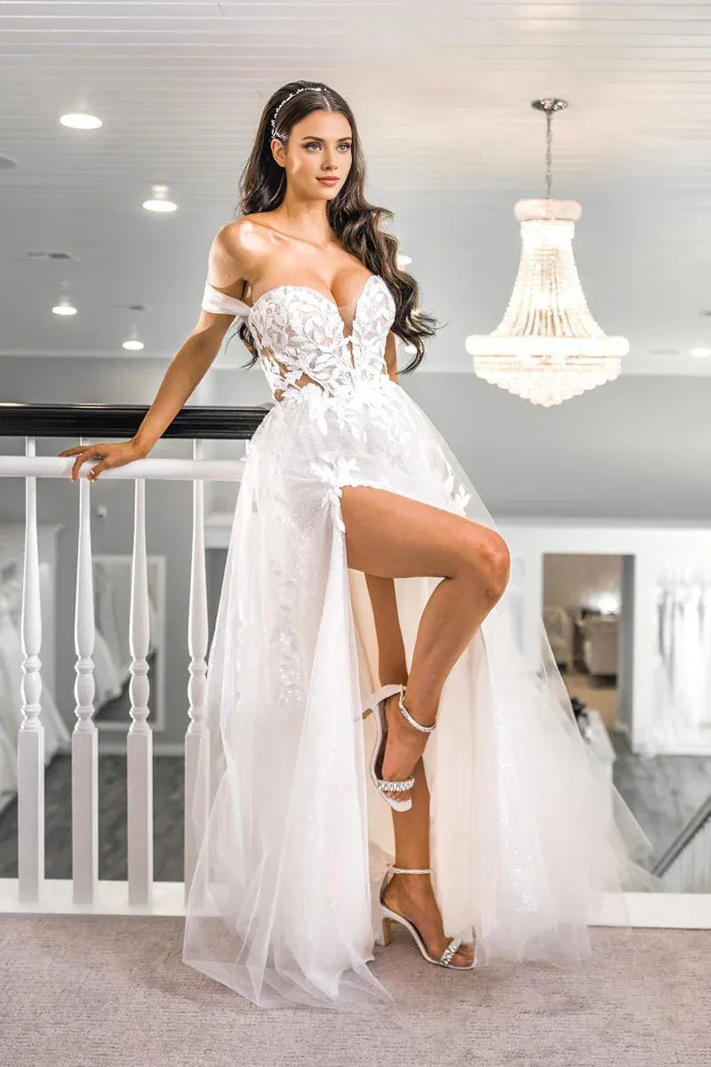 Elegant A Line Off-the-Shoulder V-Neck Sweetheart Tulle Long Wedding Dresses with Slit