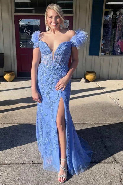 Floral Lace Feather Off-the-Shoulder Mermaid Long Prom Dress