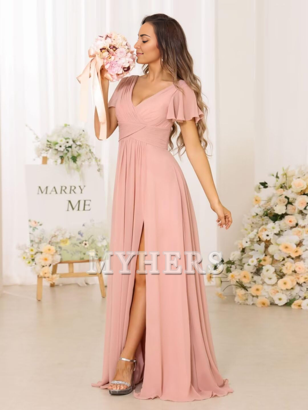 Exquisite V Neck Pleated Side Slit Romantic Bridesmaid Dresses Wedding Guests Dresses