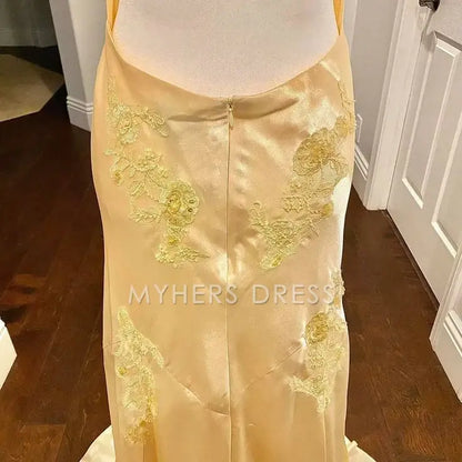 My Hers Prom Dress Mermaid Deep V Neck Satin Applique Elegant Backless Long Luxury Ladies Formal Dress