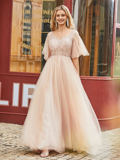 V-Neck Dress Flutter Sleeves Rhinestones Decor Sweep Prom Dress