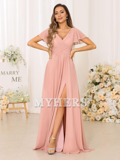Exquisite V Neck Pleated Side Slit Romantic Bridesmaid Dresses Wedding Guests Dresses