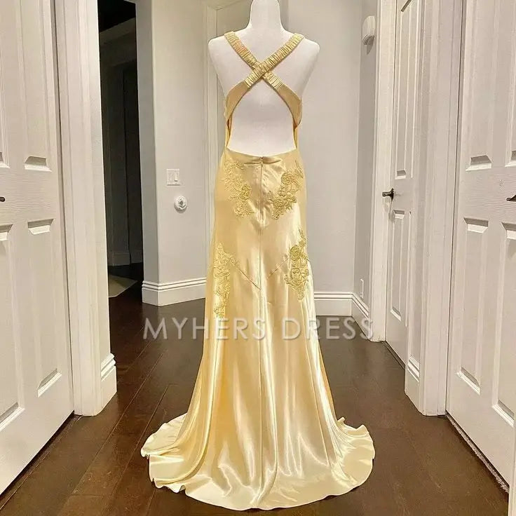 My Hers Prom Dress Mermaid Deep V Neck Satin Applique Elegant Backless Long Luxury Ladies Formal Dress
