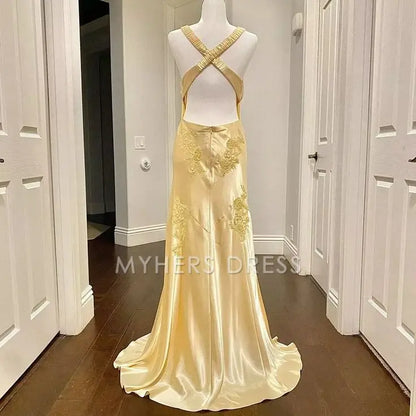 My Hers Prom Dress Mermaid Deep V Neck Satin Applique Elegant Backless Long Luxury Ladies Formal Dress