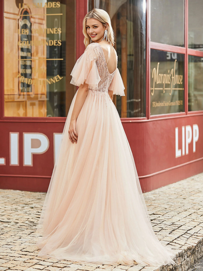 V-Neck Dress Flutter Sleeves Rhinestones Decor Sweep Prom Dress