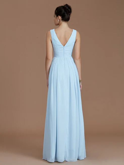 A-Line/Princess V-neck Sleeveless Ruched Floor-Length Chiffon Bridesmaid Dresses Party Dresses Wedding Guest Dresses