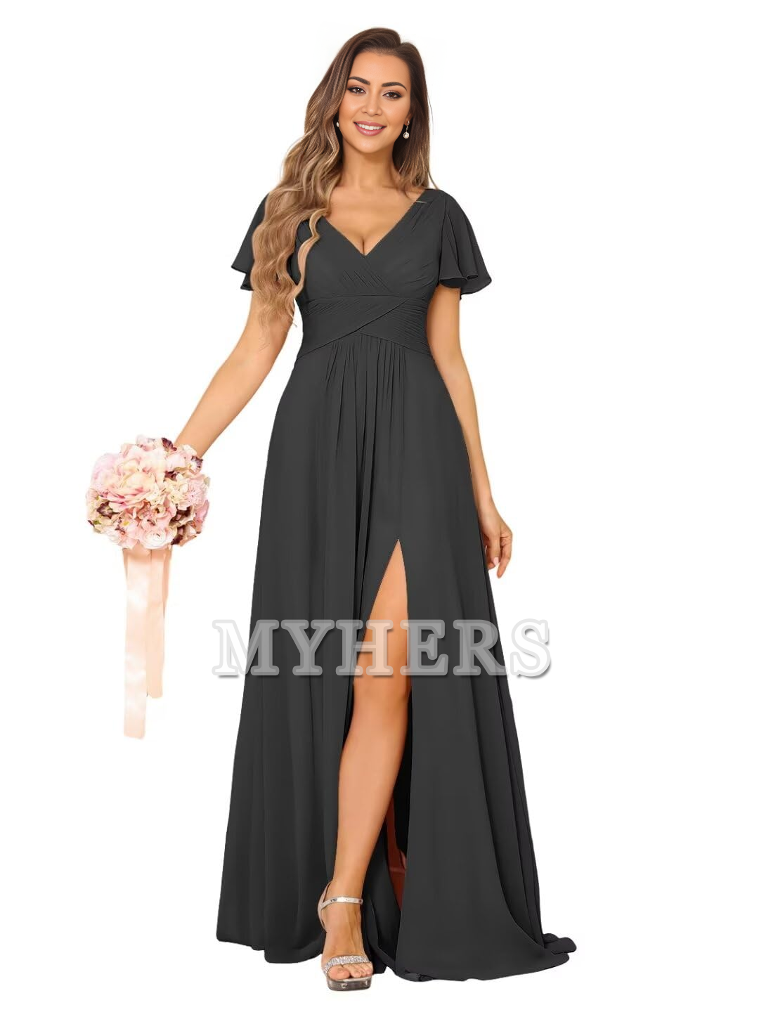 Exquisite V Neck Pleated Side Slit Romantic Bridesmaid Dresses Wedding Guests Dresses