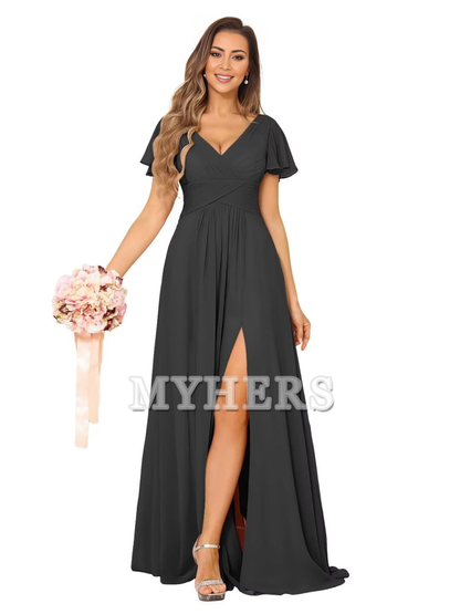 Exquisite V Neck Pleated Side Slit Romantic Bridesmaid Dresses Wedding Guests Dresses