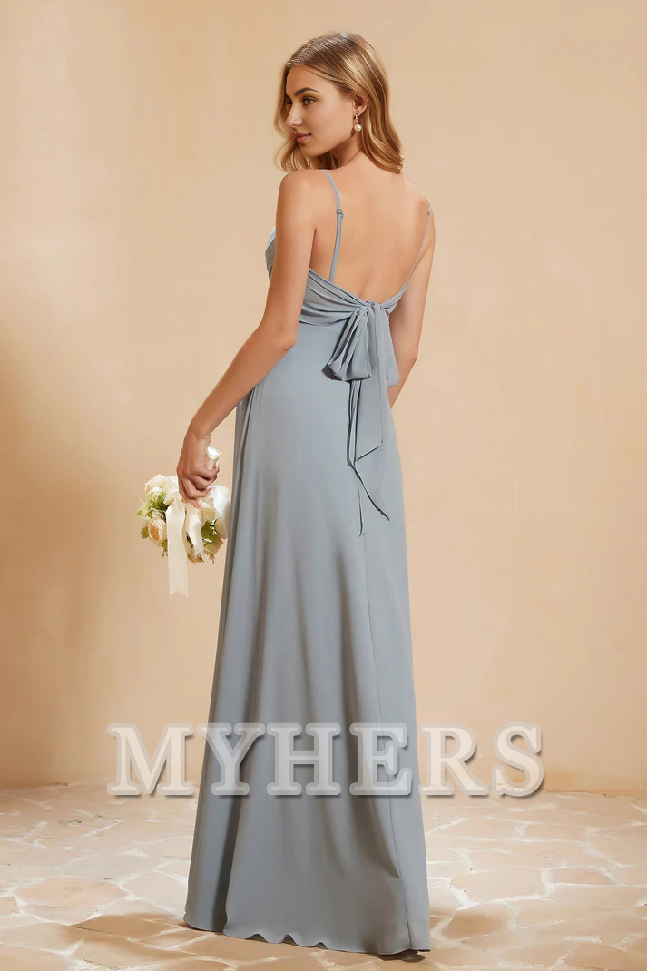 MY HERS Chiffon A-Line Sweetheart Spaghetti Straps Pleated Side Fork Floor-Length Elegant Simple Wedding Guests Dresses