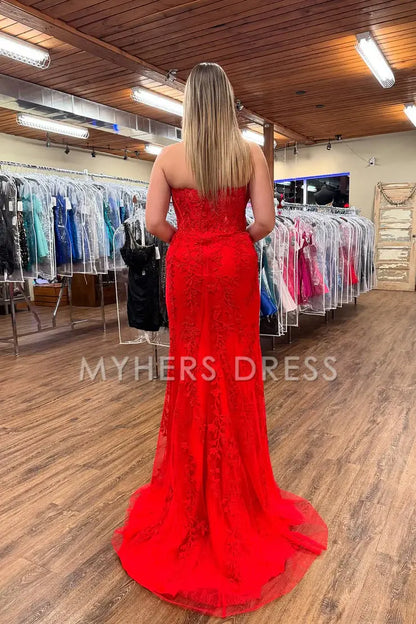 My Hers Ladies Formal Dress Exquisite Mermaid Strapless Lace With Appliques Side Fork Prom Dress