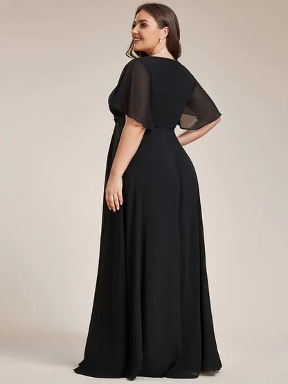Plus Size Floral Applique Short Sleeve A-Line Chiffon Evening Dress/Prom Dresses Charming Party Dresses