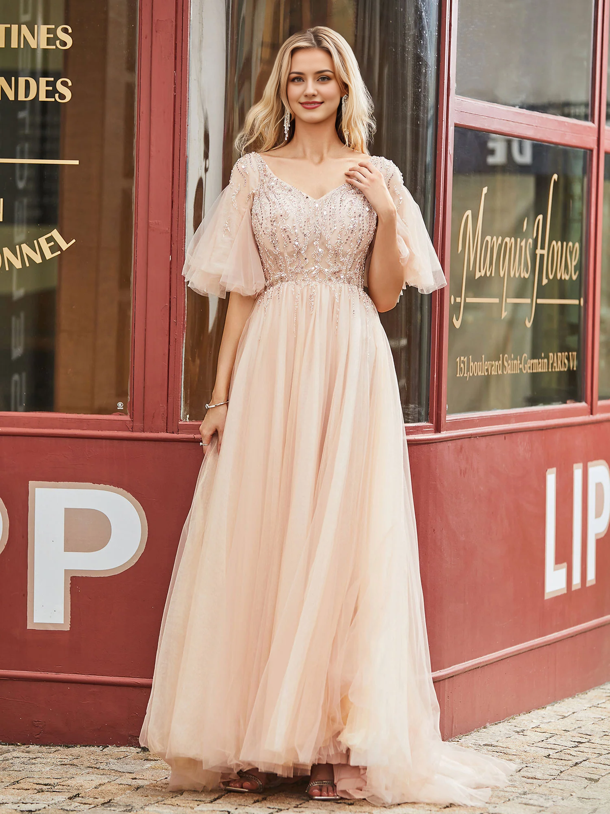 V-Neck Dress Flutter Sleeves Rhinestones Decor Sweep Prom Dress