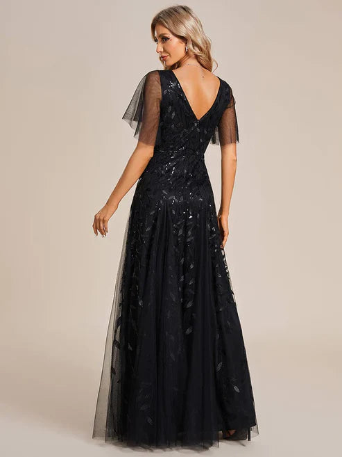 Shimmery V Neck Ruffle Sleeves Sequin Maxi Long Evening Dress/Prom Dresses Party Dresses Wedding Guest Dresses