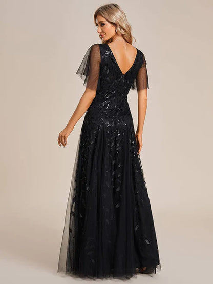 Shimmery V Neck Ruffle Sleeves Sequin Maxi Long Evening Dress/Prom Dresses Party Dresses Wedding Guest Dresses
