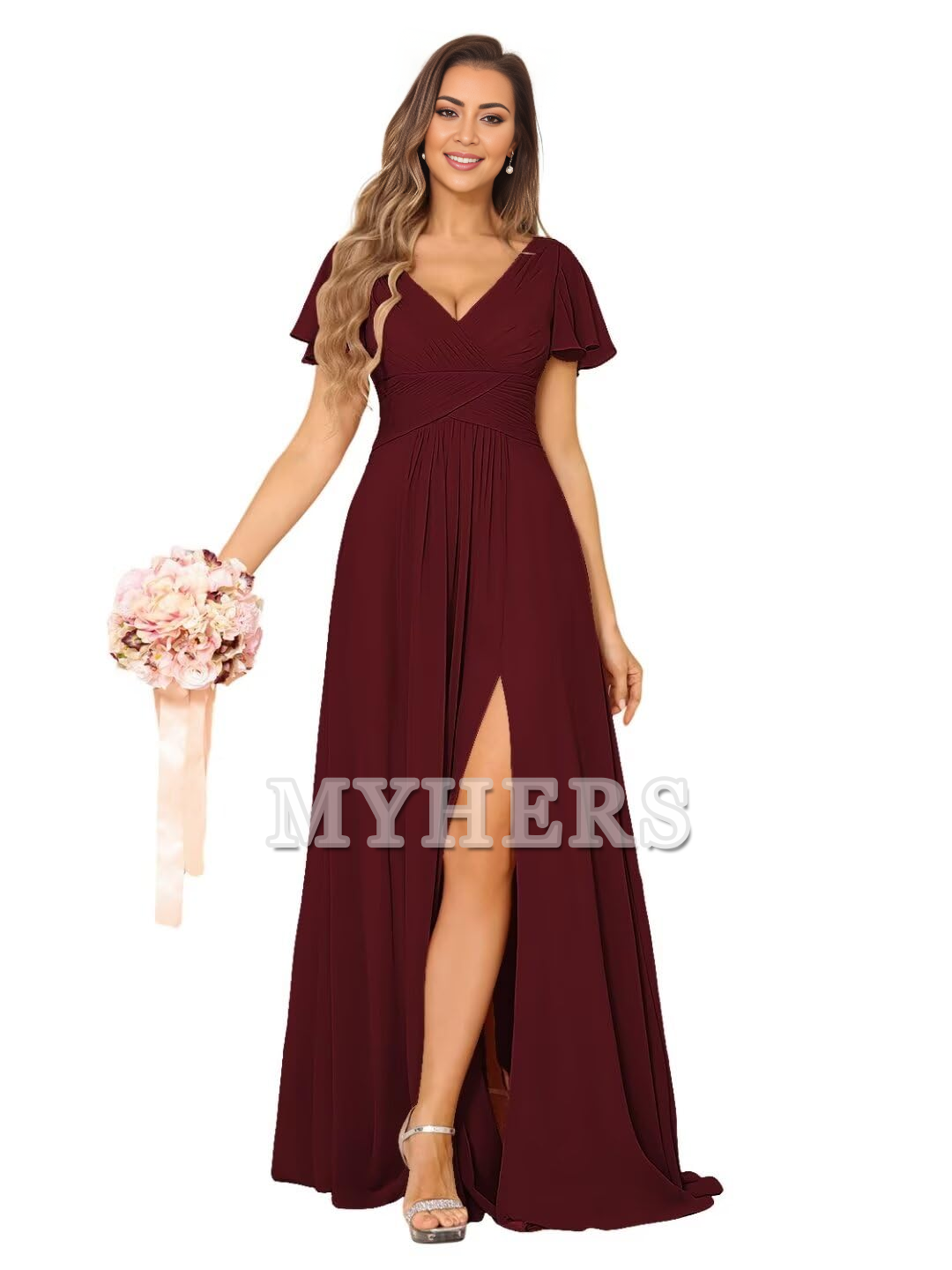 Exquisite V Neck Pleated Side Slit Romantic Bridesmaid Dresses Wedding Guests Dresses