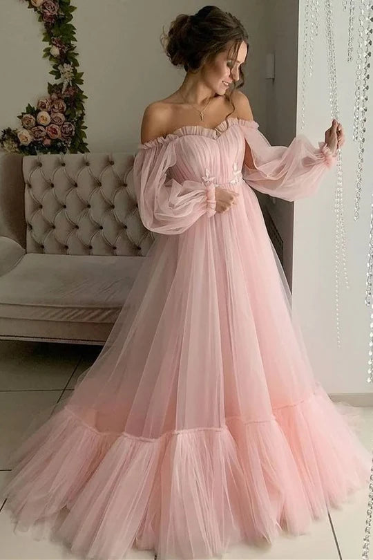Off-the-Shoulder A-line Long Tulle Dress