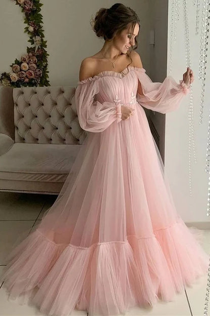 Off-the-Shoulder A-line Long Tulle Dress