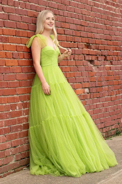 Sweet A Line Sweetheart Green Spaghetti Strap Dot Tulle Long Prom Dresses