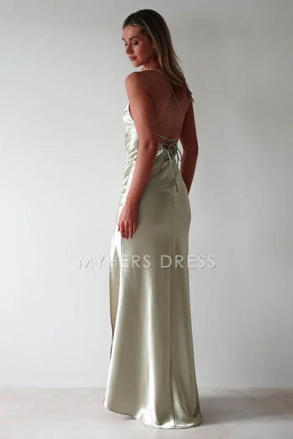 My Hers Prom Dress Figure Slimming Slip Dress Straight Neckline Low Back Adjustable Tie Straps Elegant Simple Ladies Formal Dress