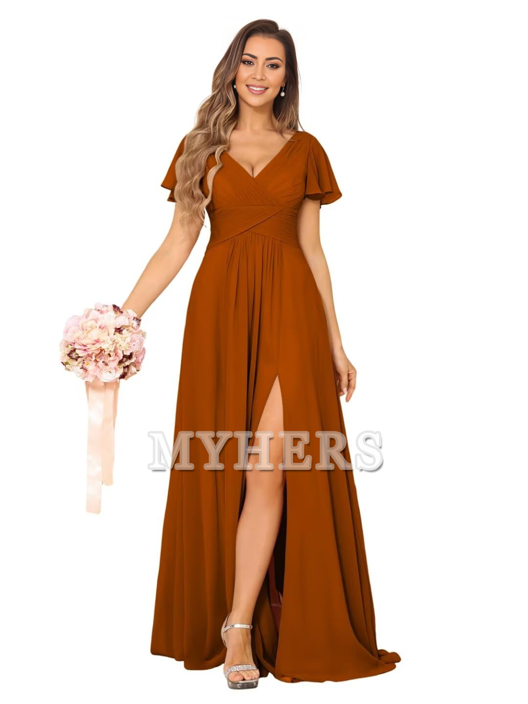 Exquisite V Neck Pleated Side Slit Romantic Bridesmaid Dresses Wedding Guests Dresses