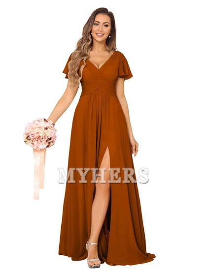 Exquisite V Neck Pleated Side Slit Romantic Bridesmaid Dresses Wedding Guests Dresses