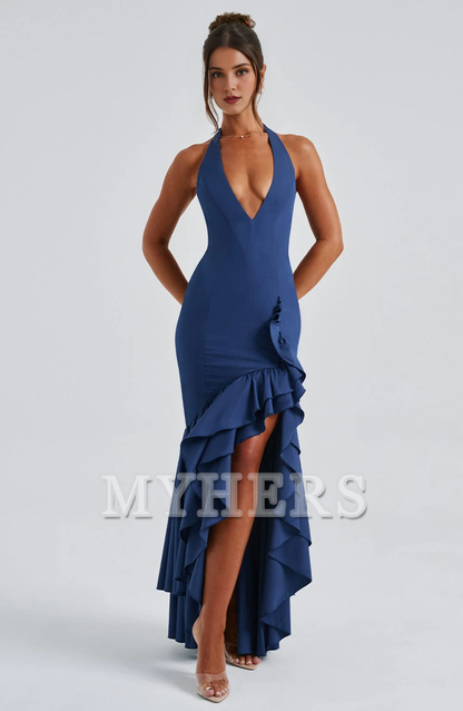 Halter Plunge Neckline Boning in Bodice Irregular Ruffle Skirt Unique Luxury Dresses Bridesmaid Dresses Wedding Guests Dresses