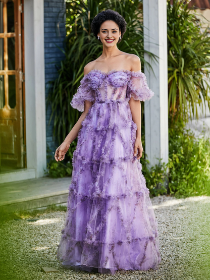 Tulle Gown Floral Off Shoulder Ruffle Skirt Prom Dress