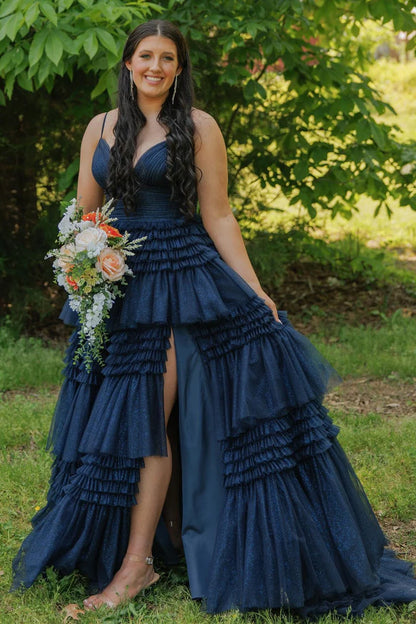 Tulle Multi-Tiered V-Neck Long Prom Dress