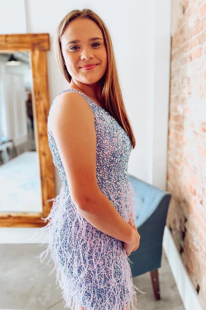 Sequin One-Shoulder Short Party Dress with Feathers